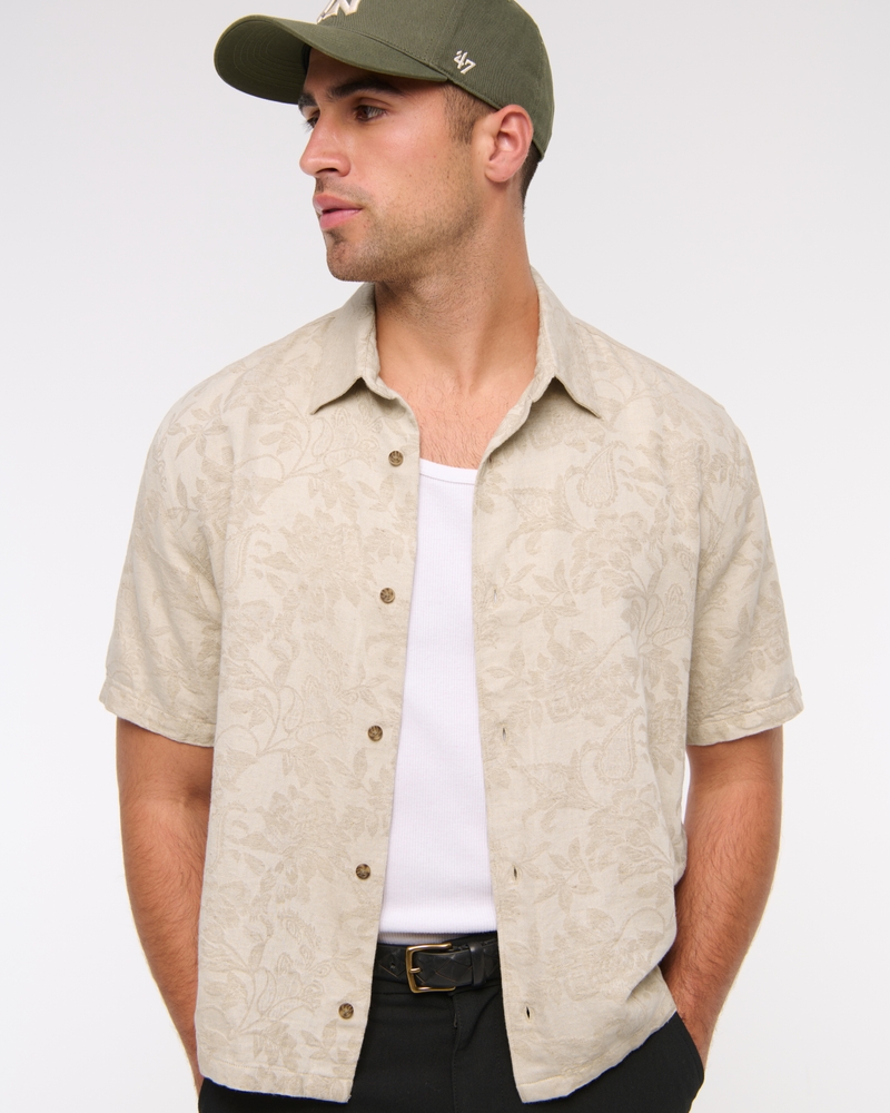 Short-Sleeve Cropped Jacquard Button-Up Shirt