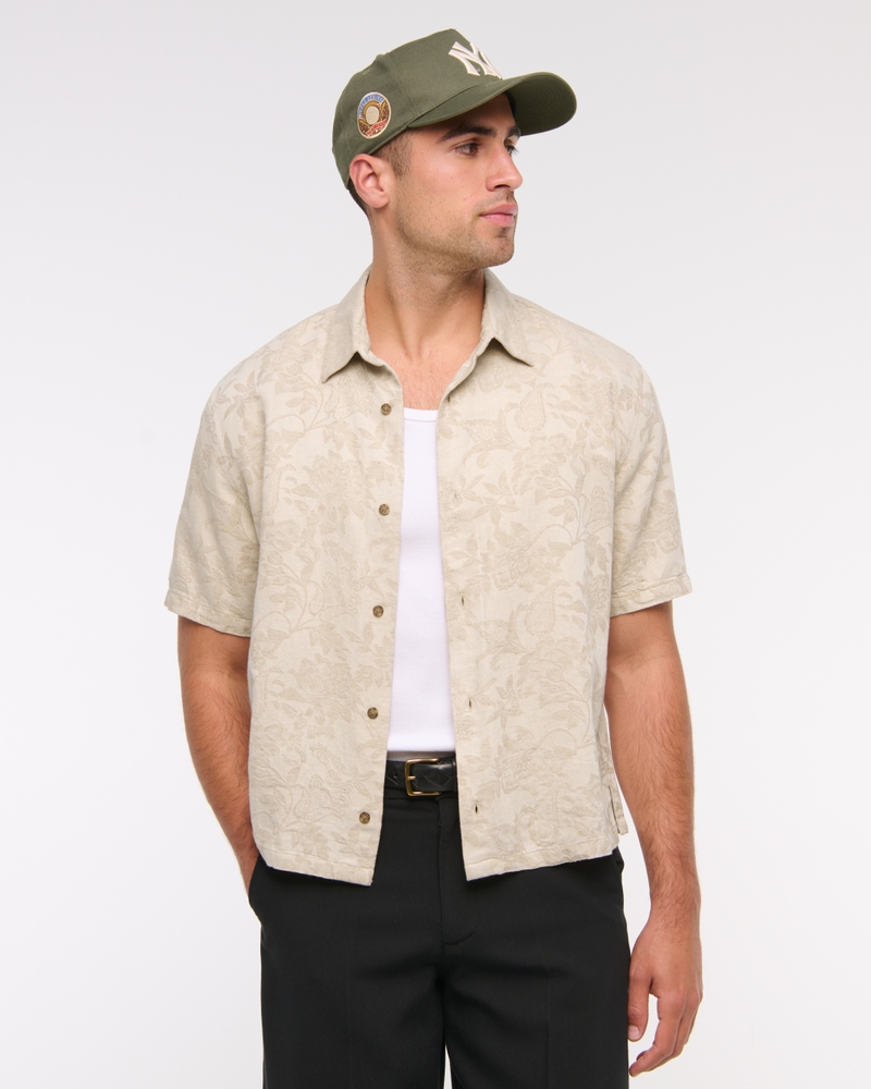 Short-Sleeve Cropped Jacquard Button-Up Shirt