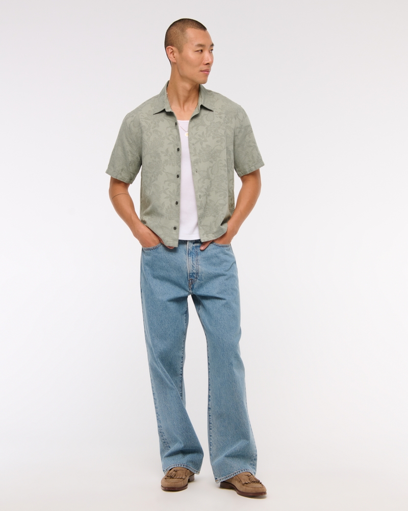 Short-Sleeve Cropped Jacquard Button-Up Shirt