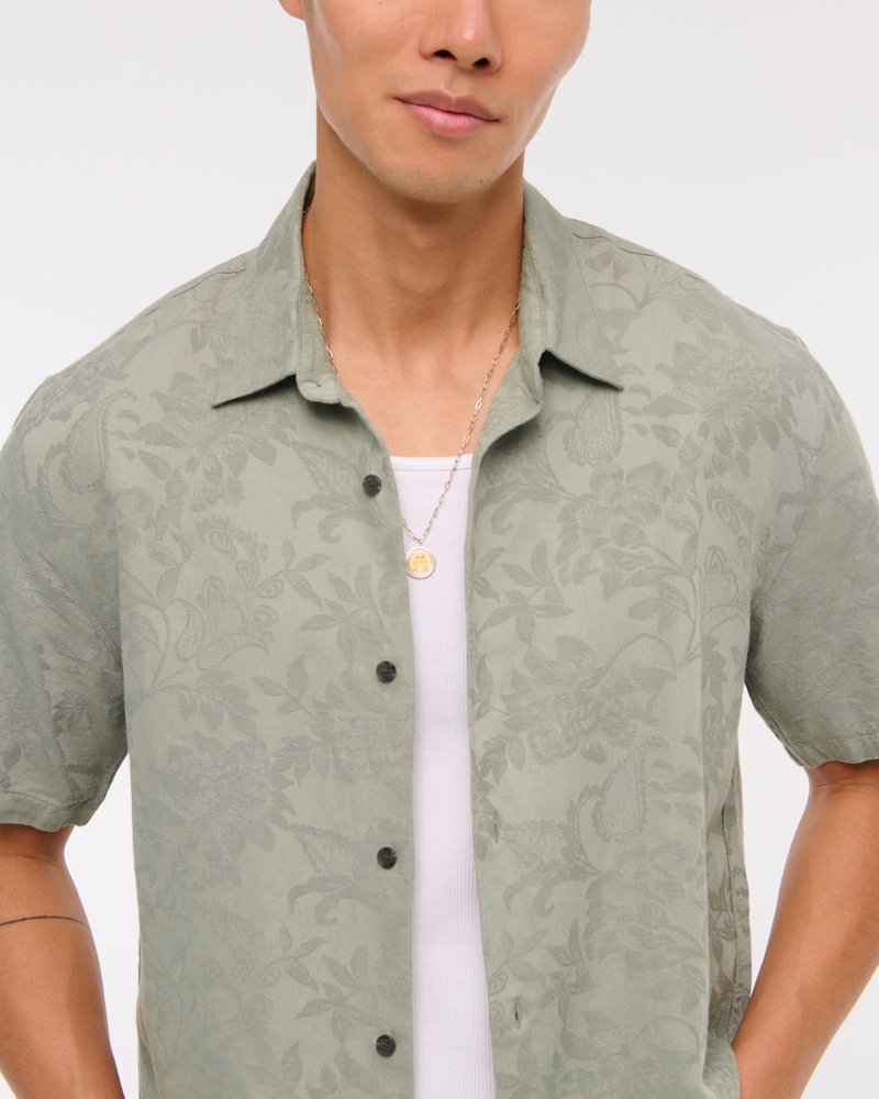 Short-Sleeve Cropped Jacquard Button-Up Shirt