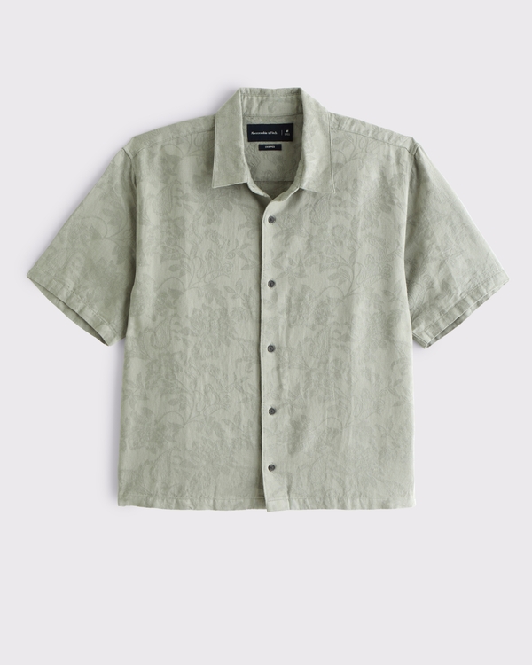 Short-Sleeve Cropped Jacquard Button-Up Shirt, Frosty Olive Pattern view 1