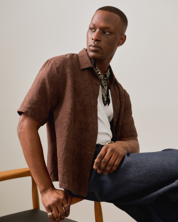 Short-Sleeve Cropped Jacquard Button-Up Shirt, Coffee Pattern view 1