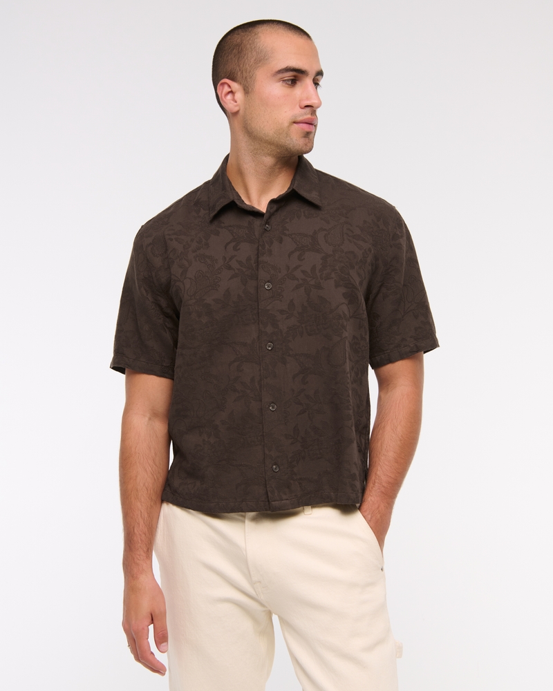 Short-Sleeve Cropped Jacquard Button-Up Shirt