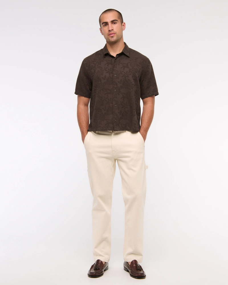 Short-Sleeve Cropped Jacquard Button-Up Shirt