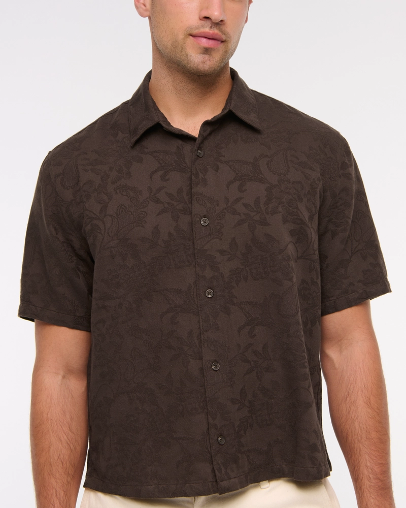 Short-Sleeve Cropped Jacquard Button-Up Shirt