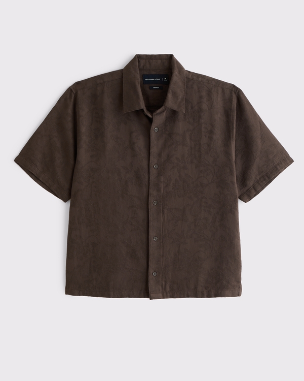 Short-Sleeve Cropped Jacquard Button-Up Shirt, Coffee Pattern view 2
