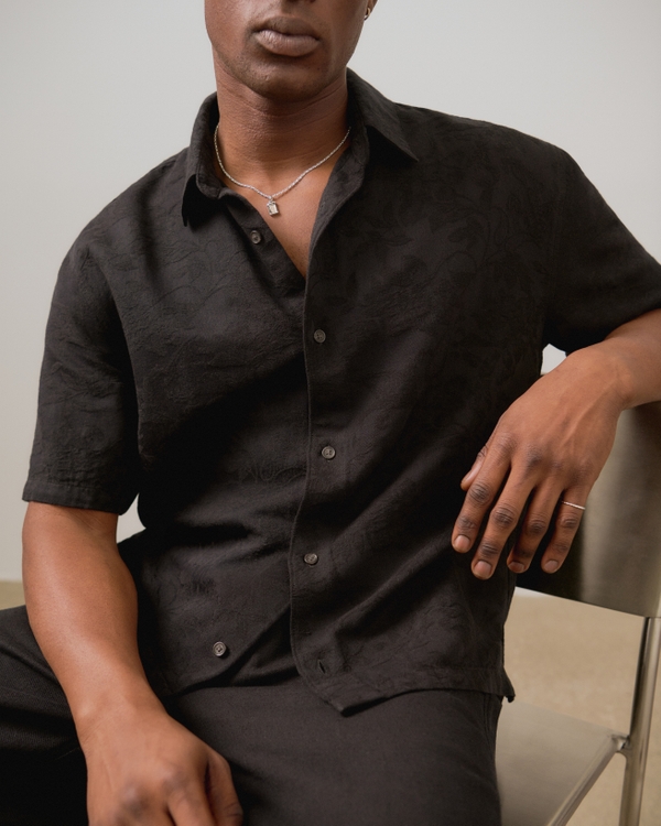 Short-Sleeve Cropped Jacquard Button-Up Shirt, Black Pattern view 1