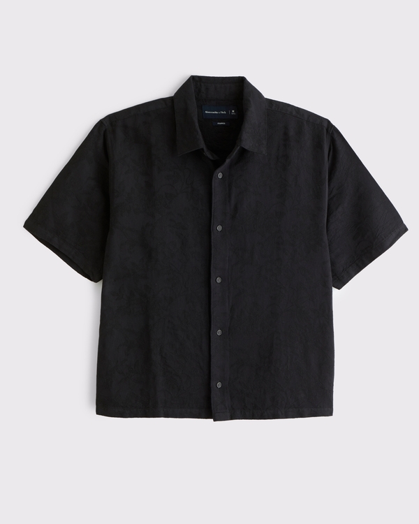 Short-Sleeve Cropped Jacquard Button-Up Shirt, Black Pattern view 2