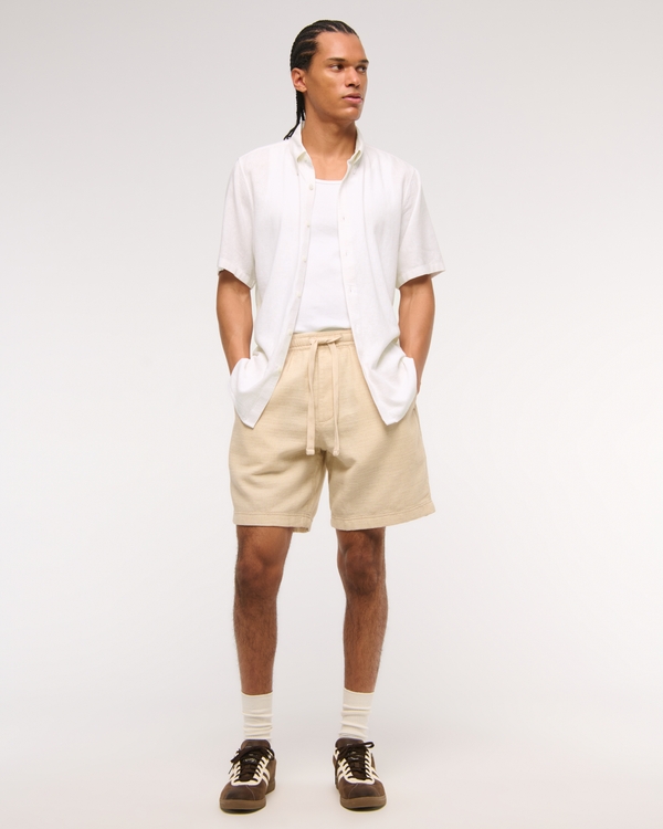 Short-Sleeve Summer Linen-Blend Button-Up Shirt, White view 2