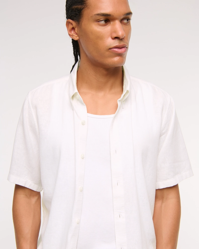 Short-Sleeve Summer Linen-Blend Button-Up Shirt