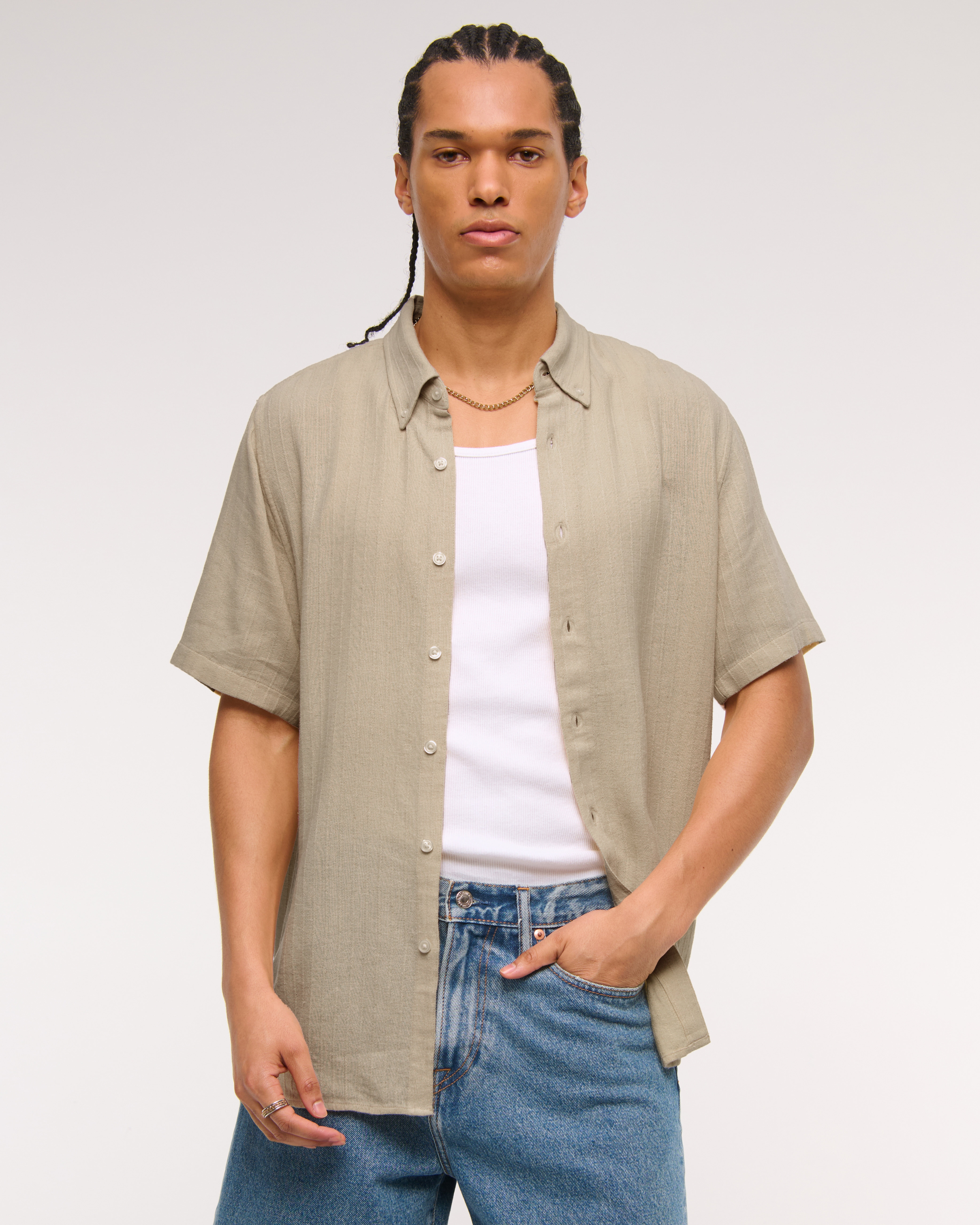Abercrombie & Fitch Short-sleeve Summer Linen-blend Button-up Shirt In Neutral