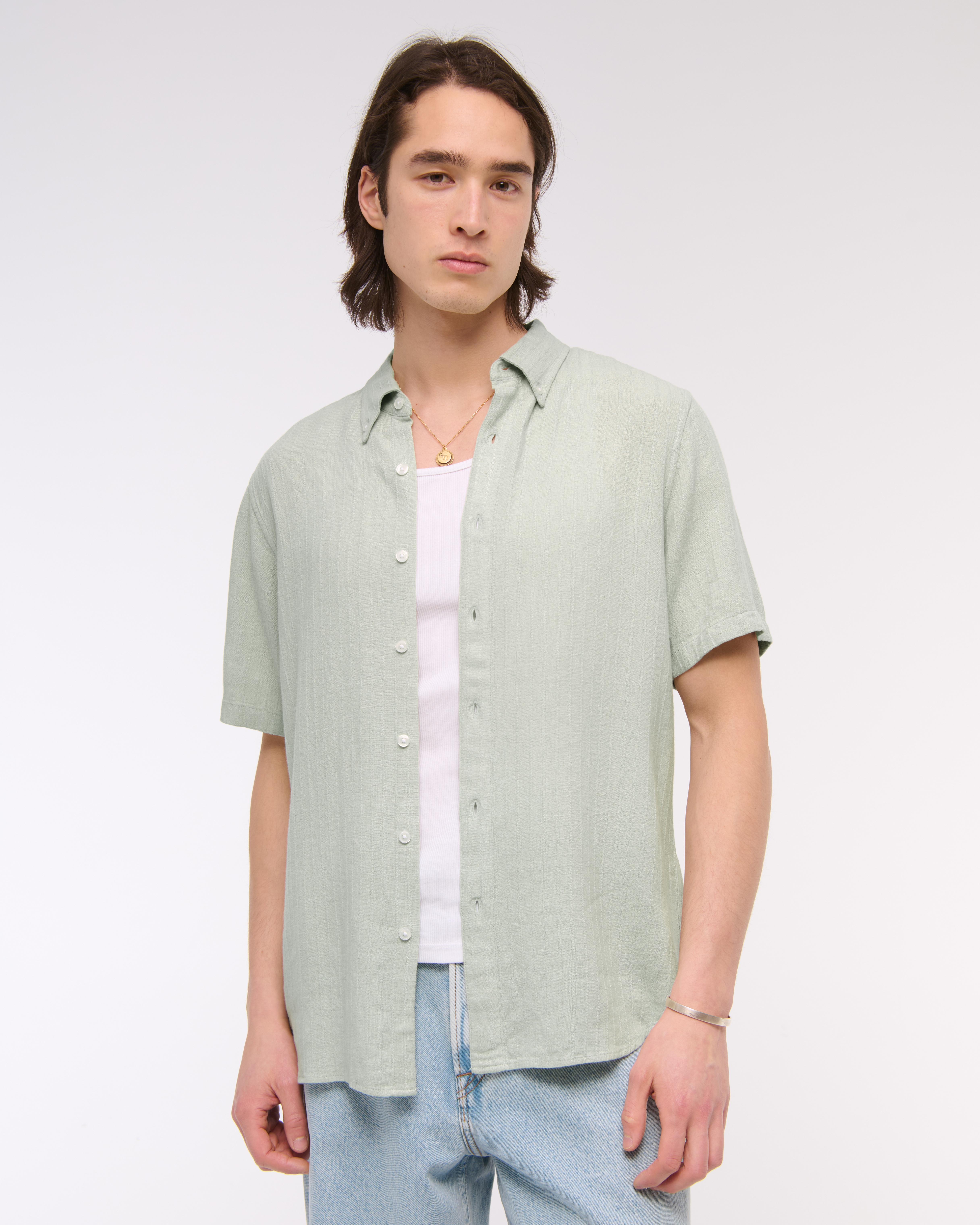 Abercrombie & Fitch Short-sleeve Summer Linen-blend Button-up Shirt In Silver