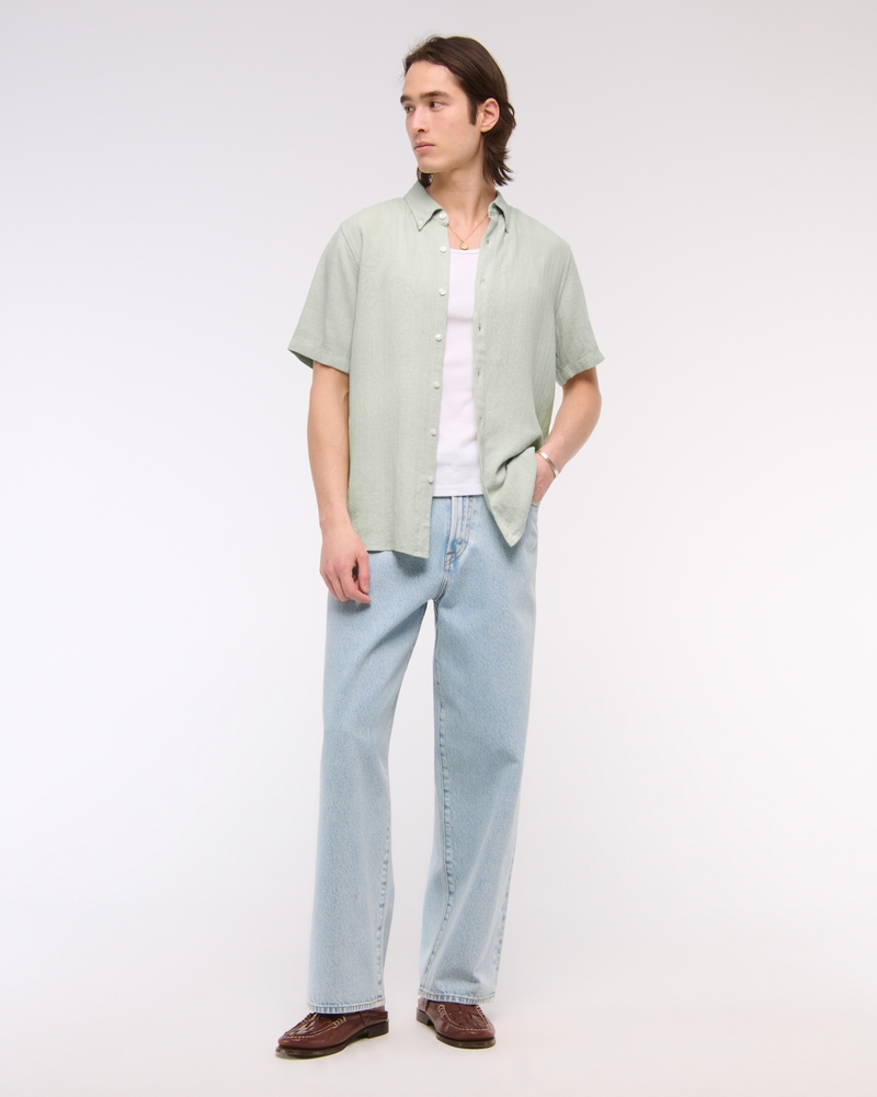 Short-Sleeve Summer Linen-Blend Button-Up Shirt