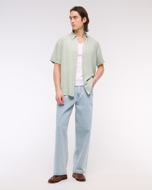 Short-Sleeve Summer Linen-Blend Button-Up Shirt