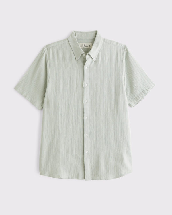 Short-Sleeve Summer Linen-Blend Button-Up Shirt, Soft Silver view 1