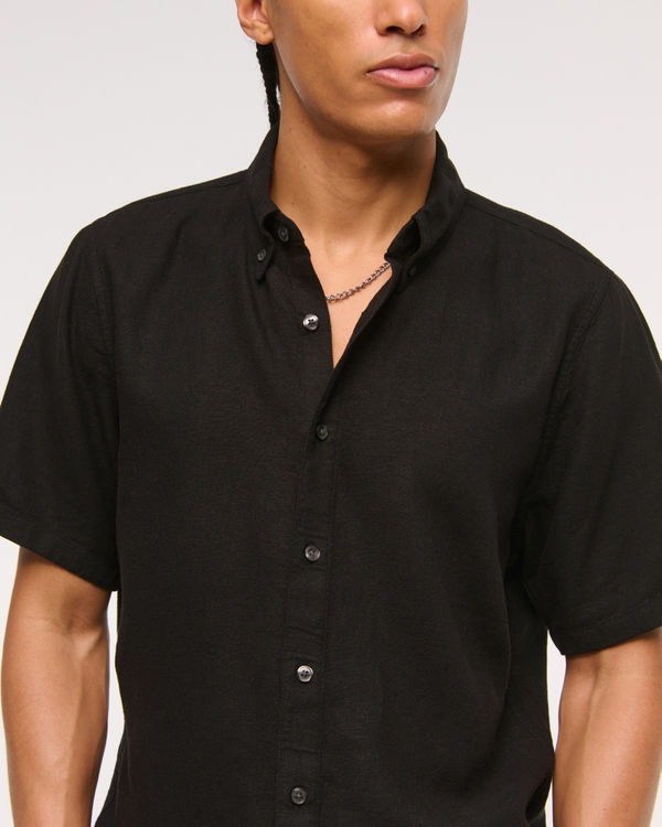 Short-Sleeve Summer Linen-Blend Button-Up Shirt, Black view 2