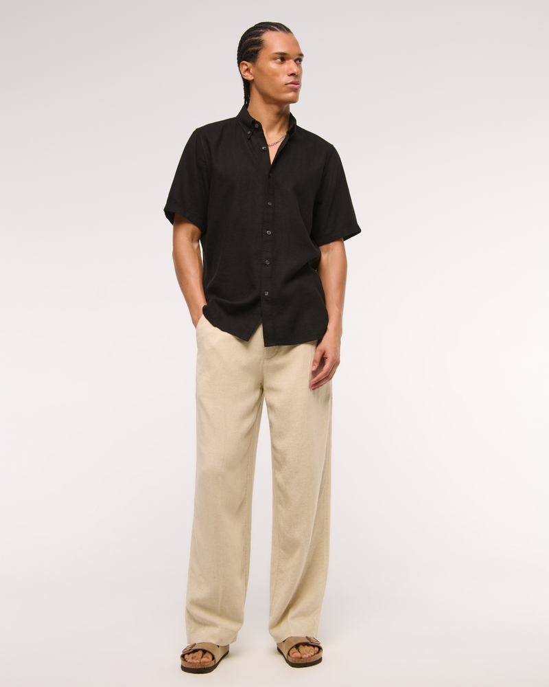 Short-Sleeve Summer Linen-Blend Button-Up Shirt