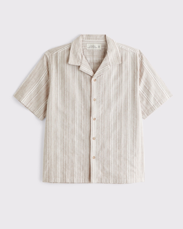 Camp Collar Summer Linen-Blend Shirt, Taupe Stripe view 2