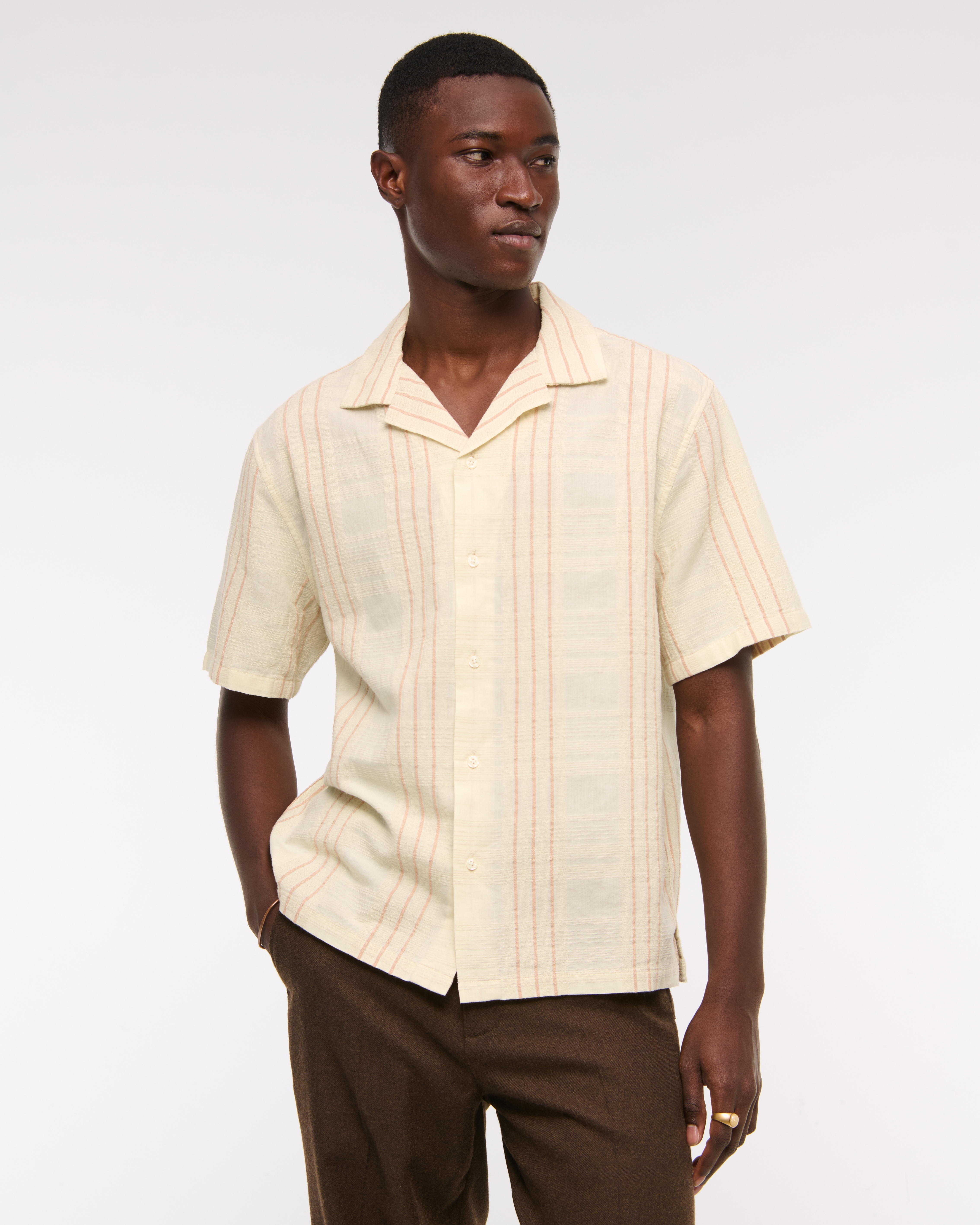 Abercrombie & Fitch Camp Collar Textured Button-up Shirt In Neutral