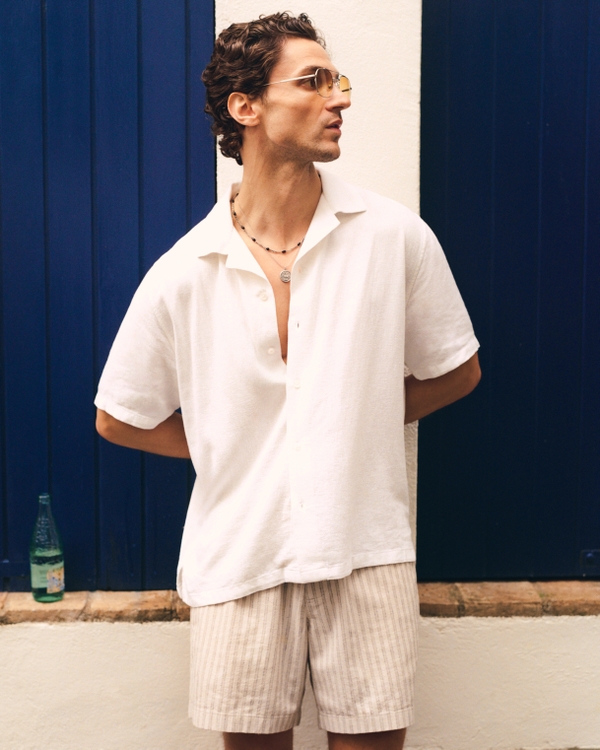 Camp Collar Summer Linen-Blend Shirt, White view 1