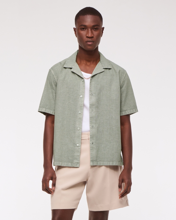 Camp Collar Summer Linen-Blend Shirt, Green view 1
