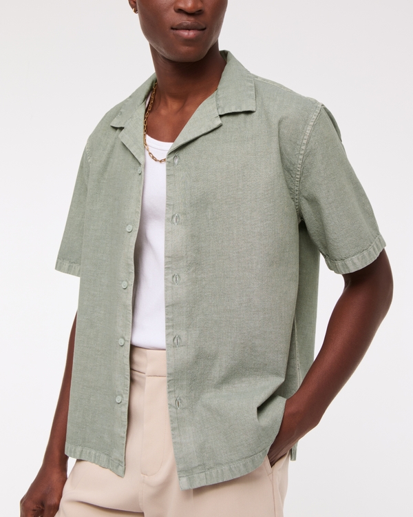 Camp Collar Summer Linen-Blend Shirt, Green view 2