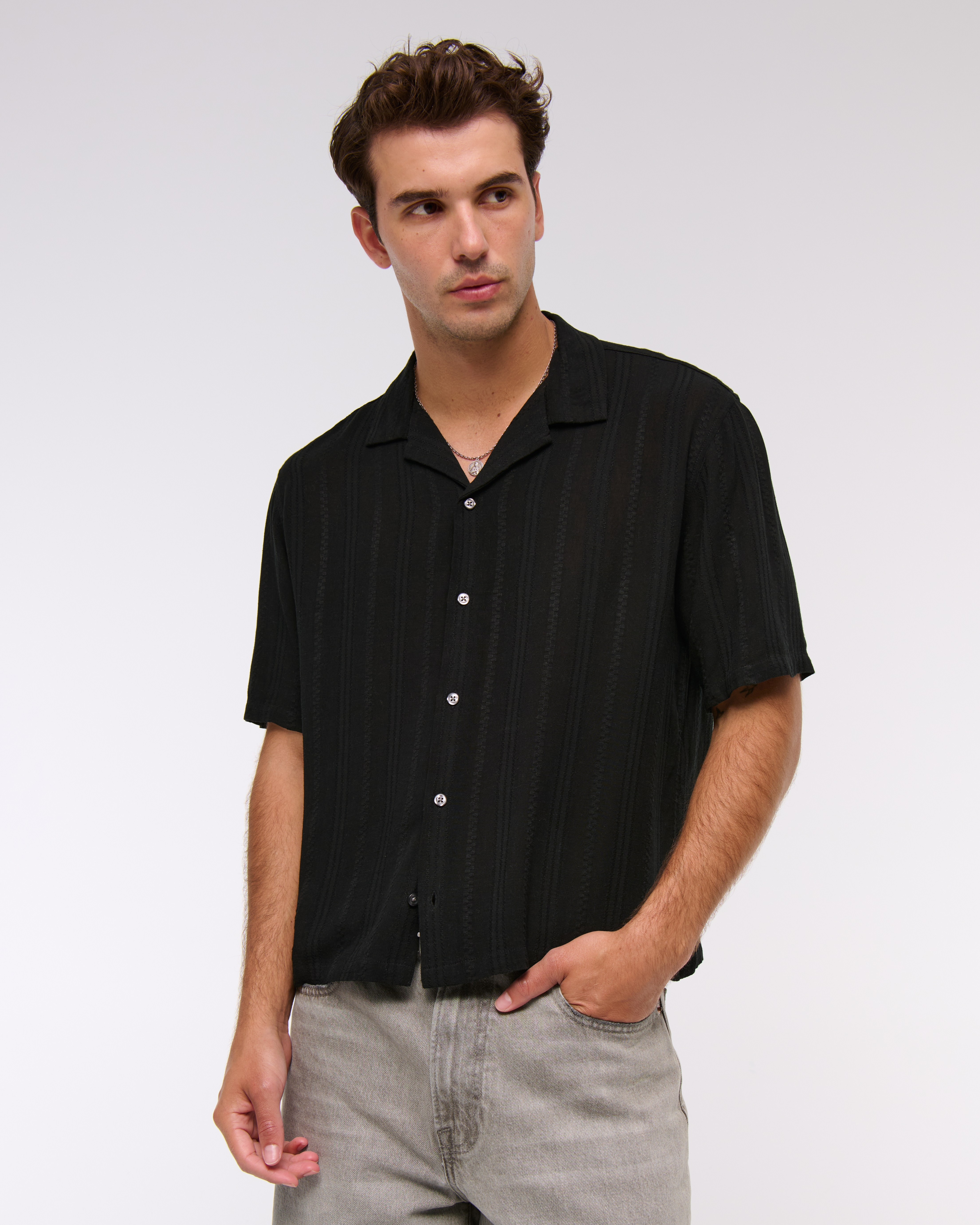 Abercrombie & Fitch Camp Collar Button-up Shirt In Black