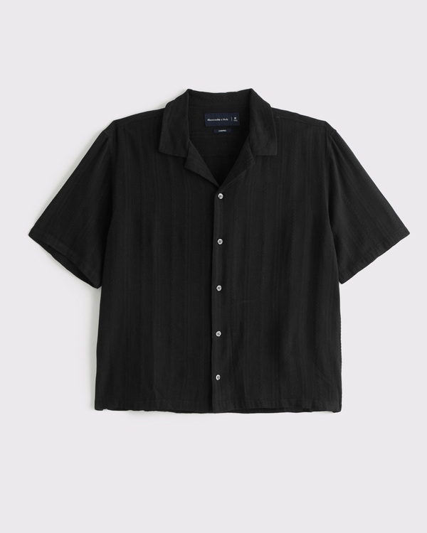 Camp Collar Cropped Button-Up Shirt, Black Stripe view 1
