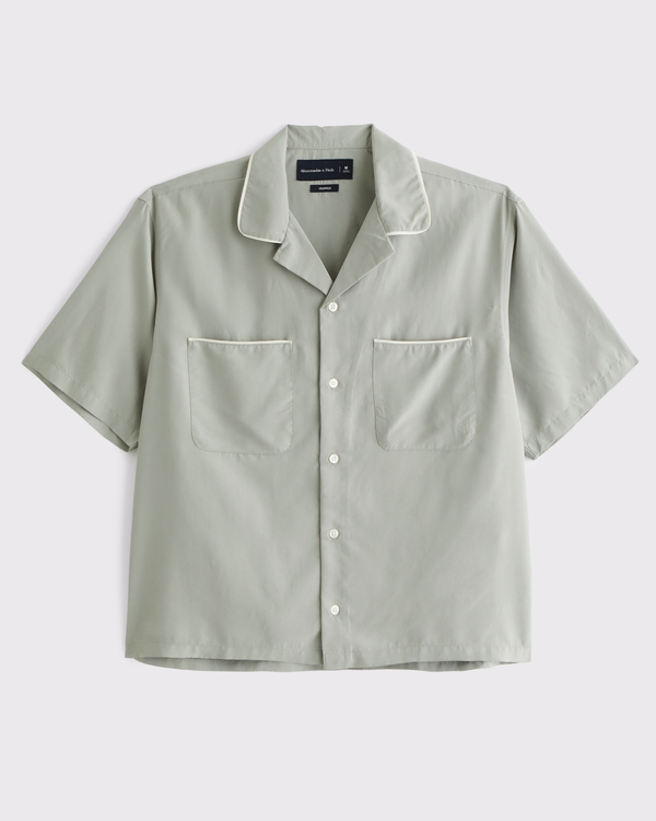 Camp Collar Cropped Cupro Shirt, Frosty Olive view 1