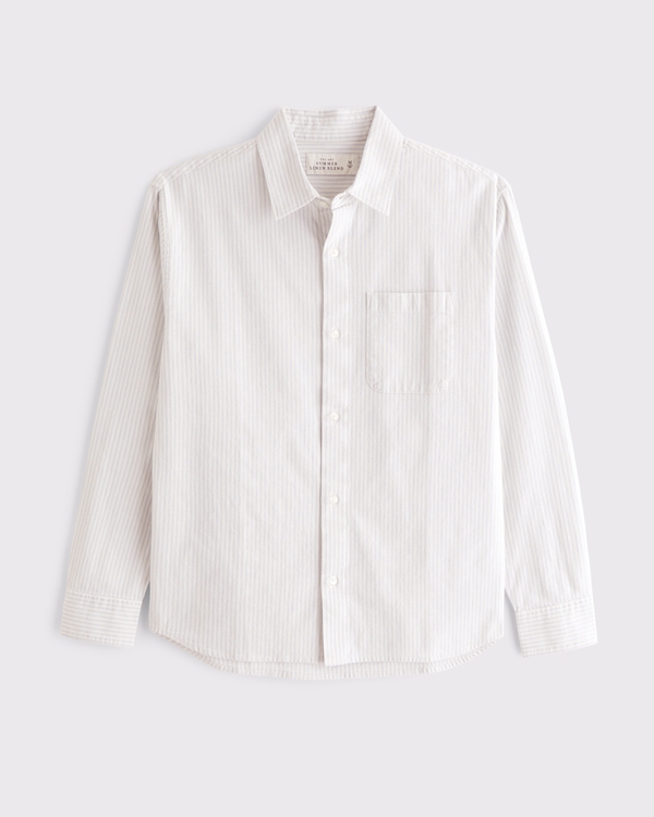 Summer Linen-Blend Button-Up Shirt, White Stripe view 1