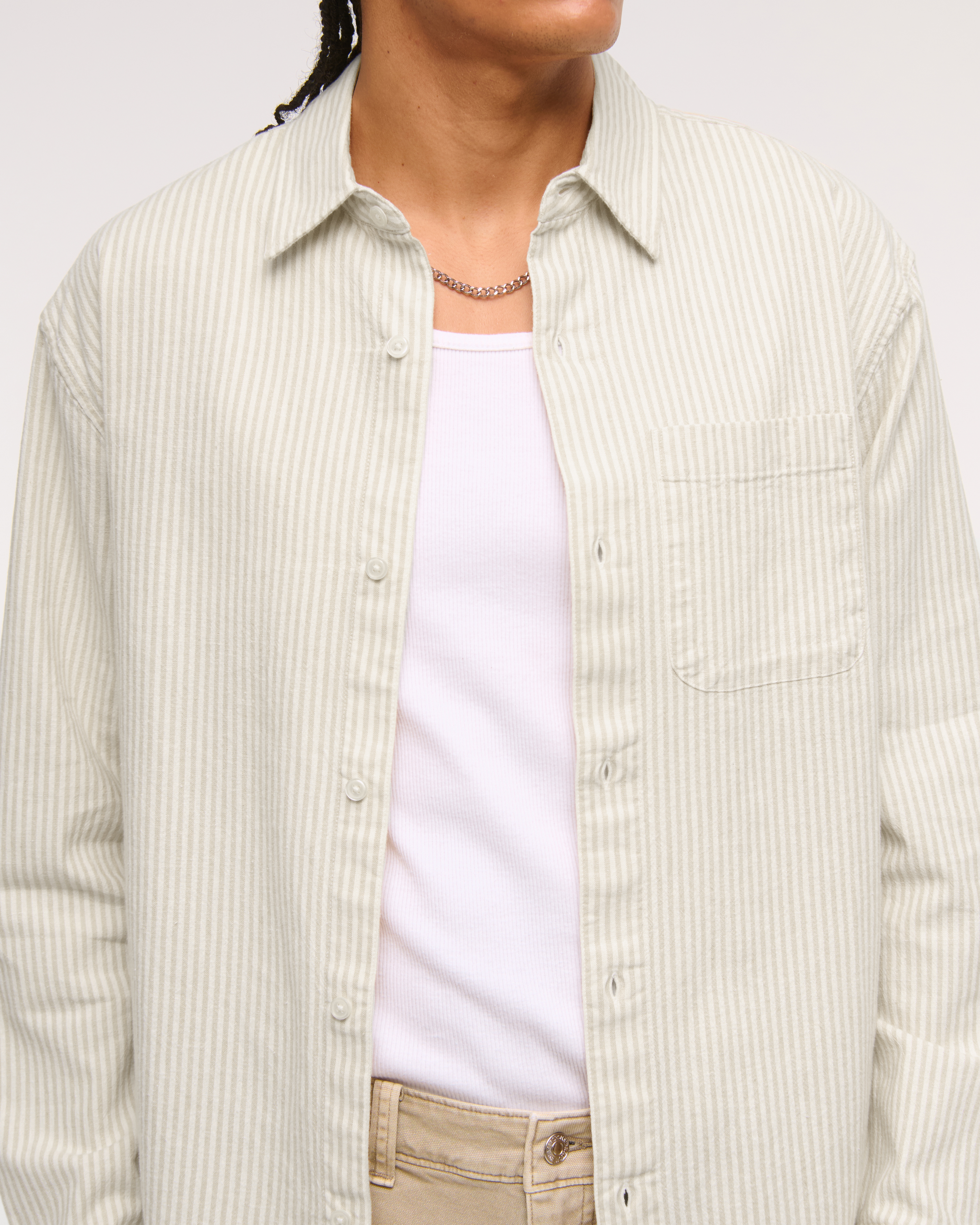 Мужская рубашка Abercrombie & Fitch Summer Linen-Blend Button-Up, цвет: Кремовый полосатый — фото 3