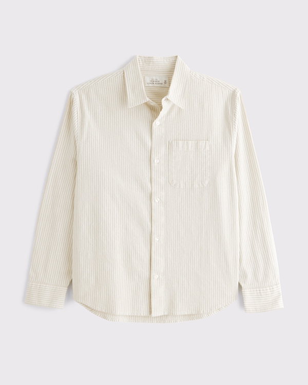 Summer Linen-Blend Button-Up Shirt, Cream Stripe view 1