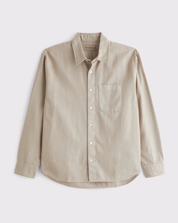 Long-Sleeve Garment Dye Button-Up Shirt, Taupe view 2