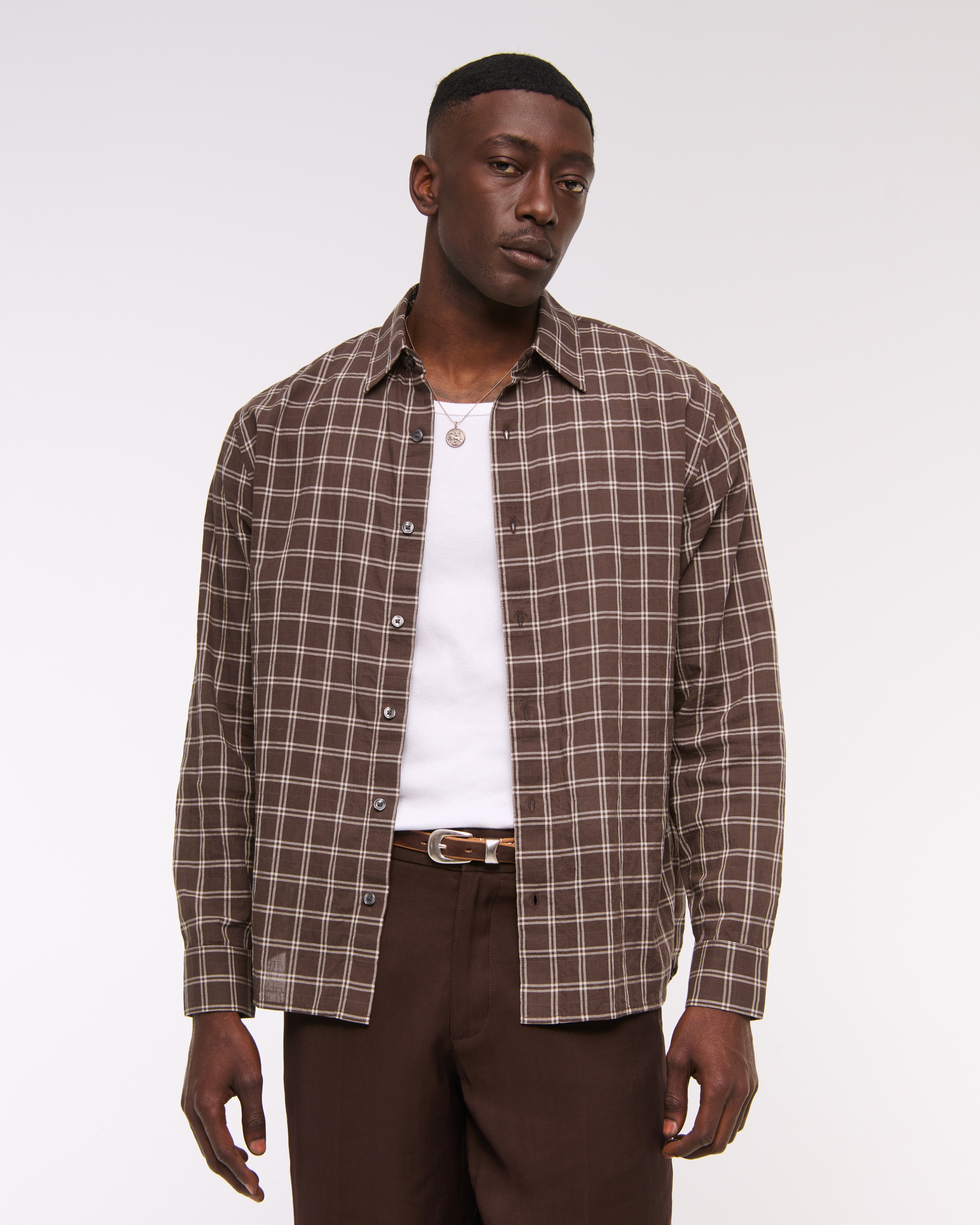 Abercrombie & Fitch Lightweight Crinkle Button-up Shirt In Brown