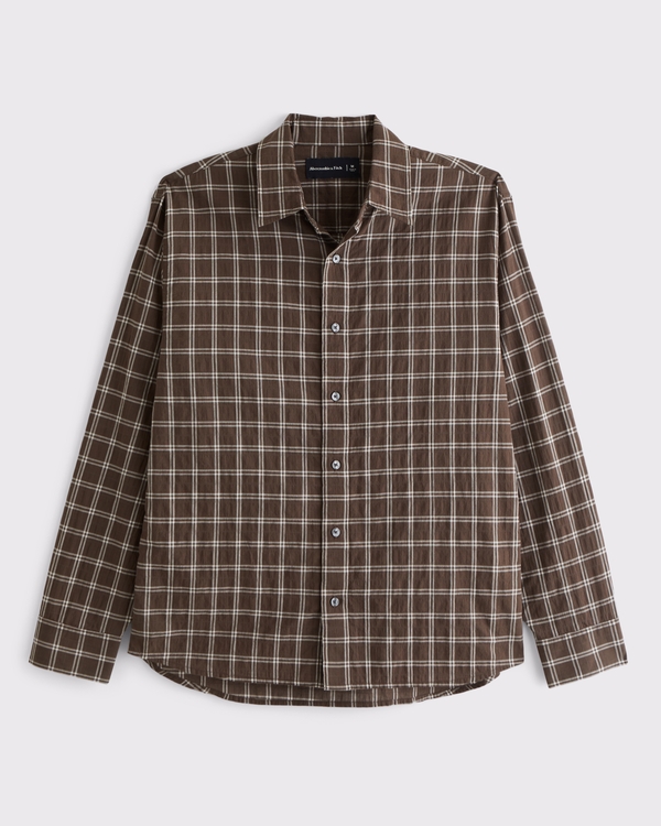 Lightweight Crinkle Button-Up Shirt, Brown Plaid view 1