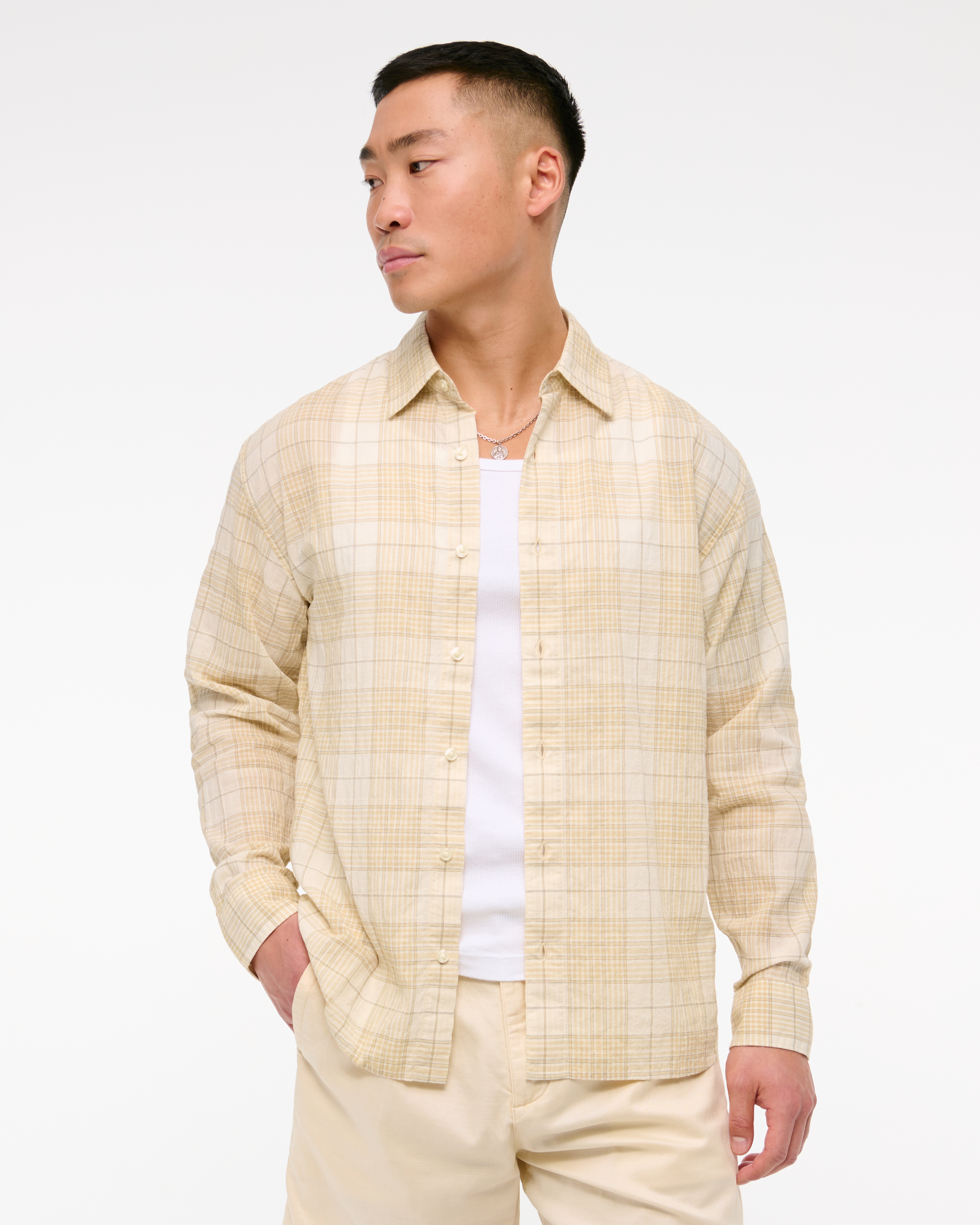 Abercrombie & Fitch Lightweight Crinkle Button-up Shirt In Yellow