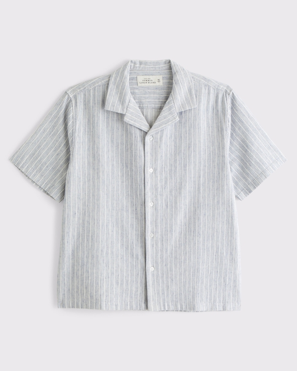 Camp Collar Summer Linen-Blend Shirt, Light Blue Stripe view 1