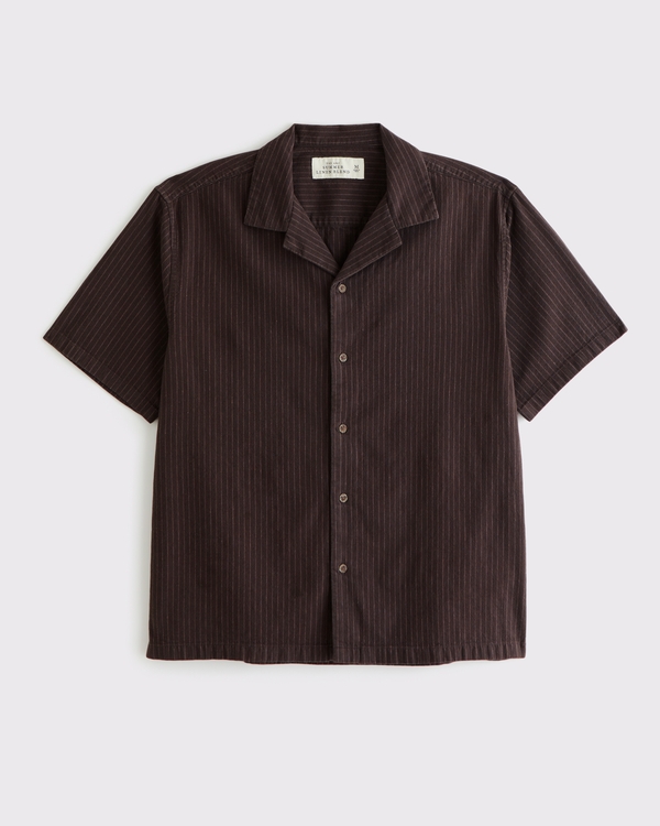 Camp Collar Summer Linen-Blend Shirt, Brown Stripe view 1