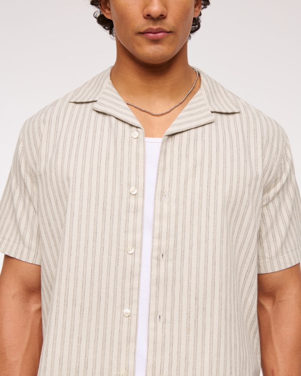 Camp Collar Summer Linen-Blend Shirt, Tan Stripe view 2