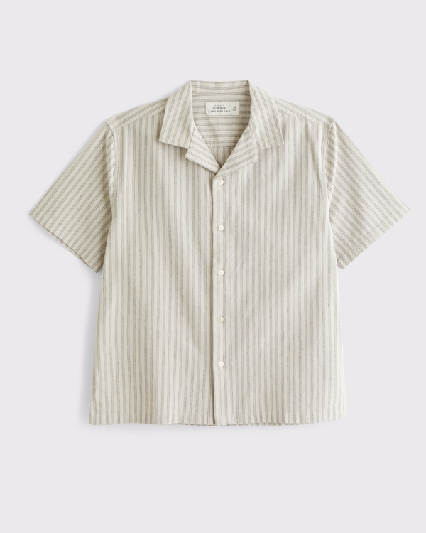 Camp Collar Summer Linen-Blend Shirt, Tan Stripe view 1