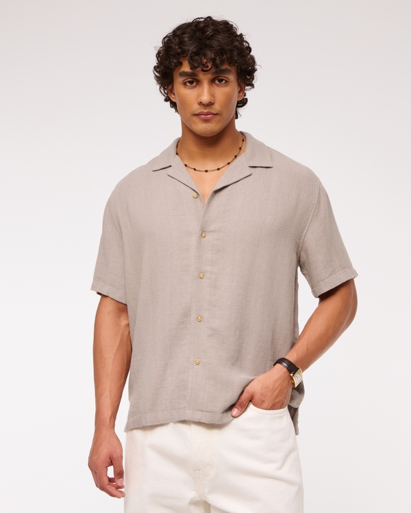 Camp Collar Summer Linen-Blend Shirt, Taupe view 1