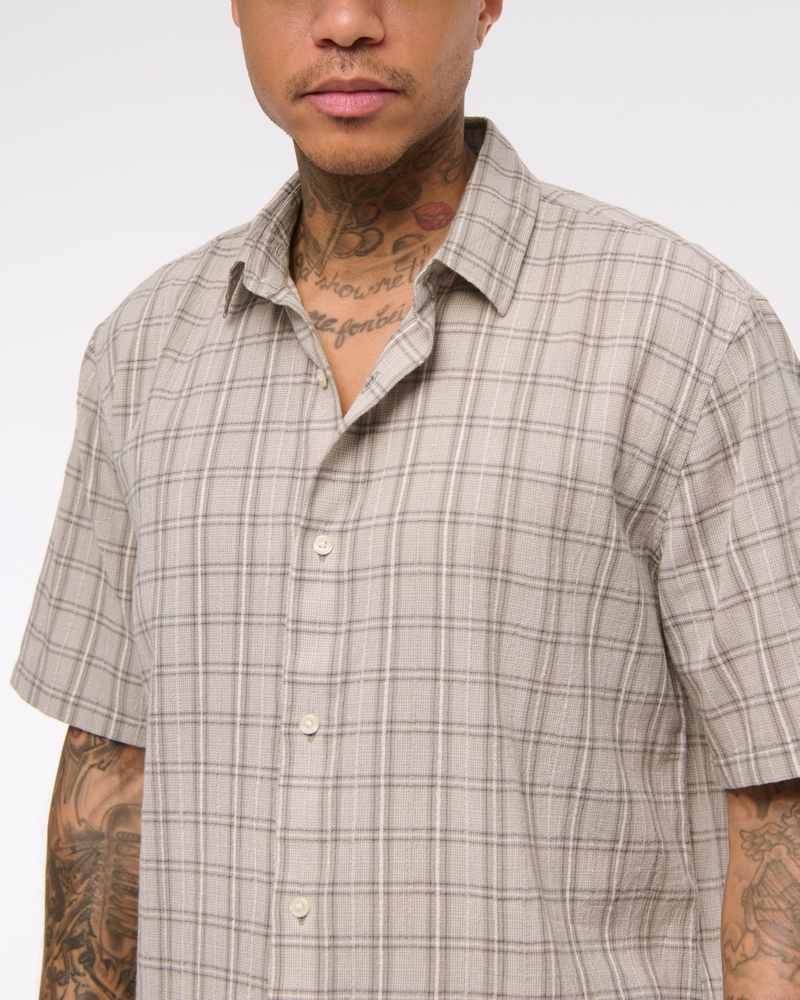 Short-Sleeve Cropped Textural Plaid Button-Up Shirt