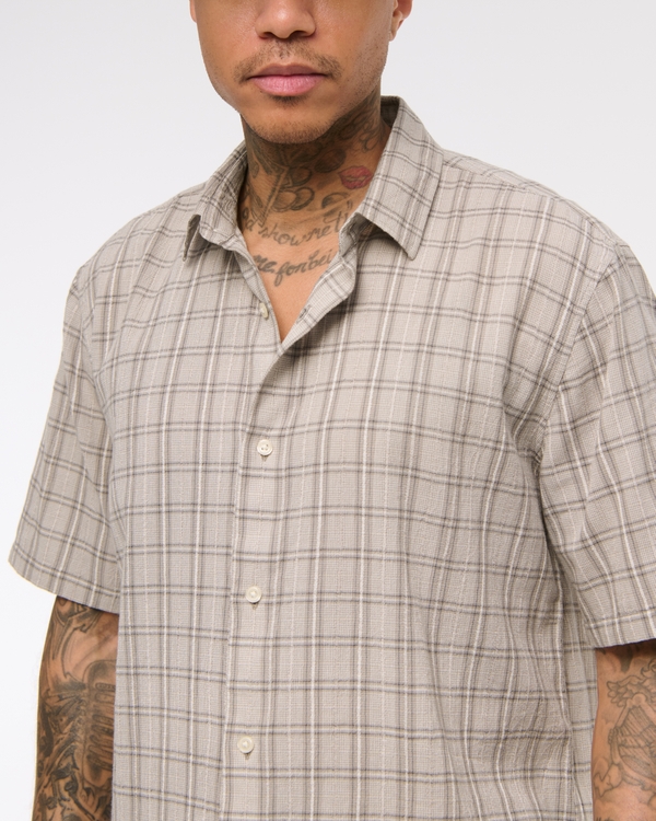 Short-Sleeve Cropped Textural Plaid Button-Up Shirt