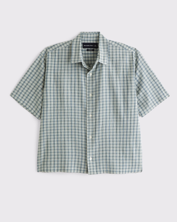 Short-Sleeve Cropped Textural Plaid Button-Up Shirt, Green Plaid view 1