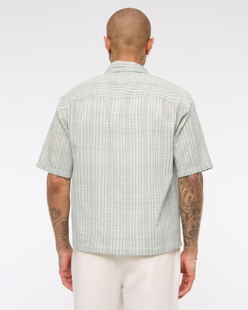 Short-Sleeve Cropped Textural Plaid Button-Up Shirt