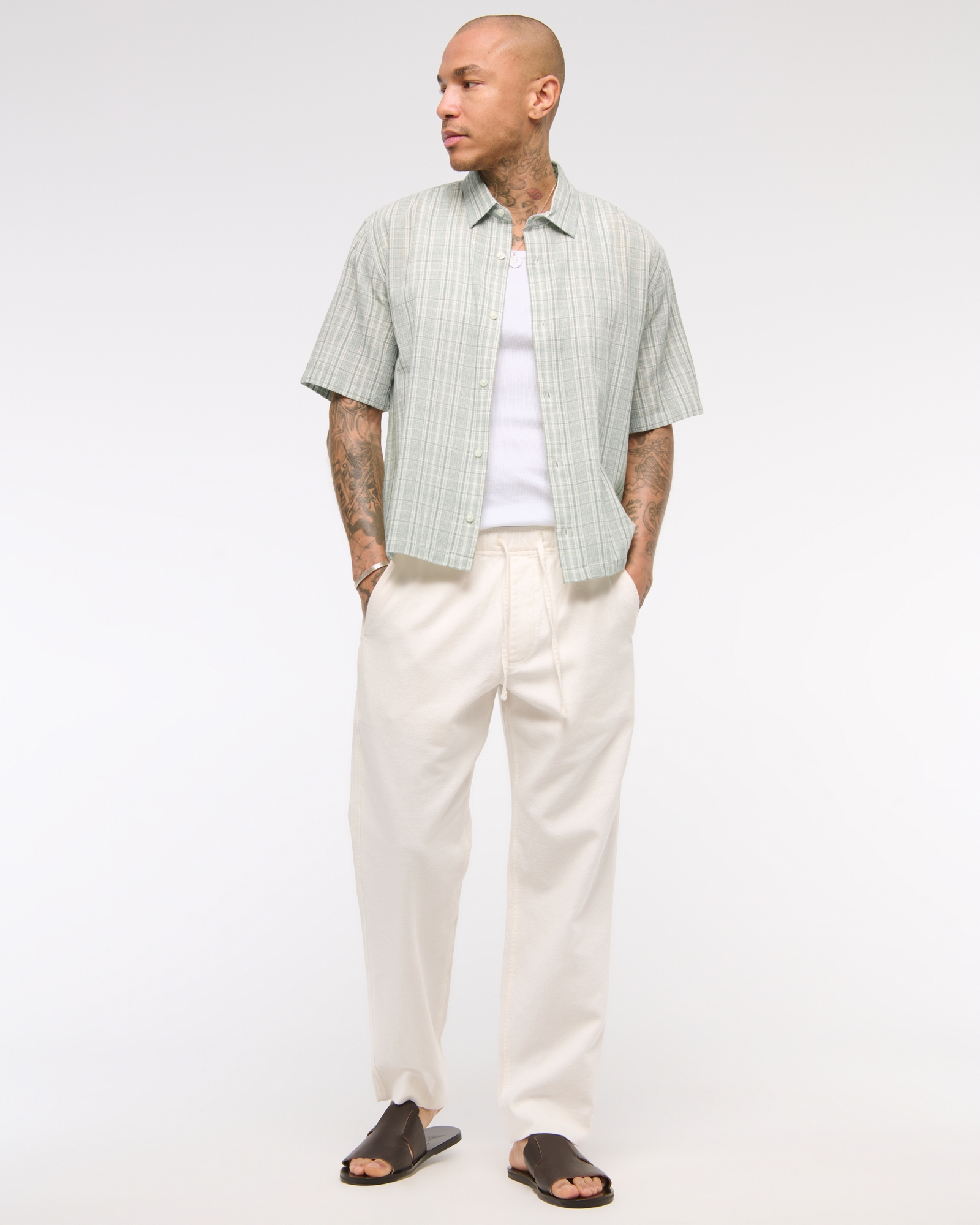 Short-Sleeve Textural Plaid Button-Up Shirt