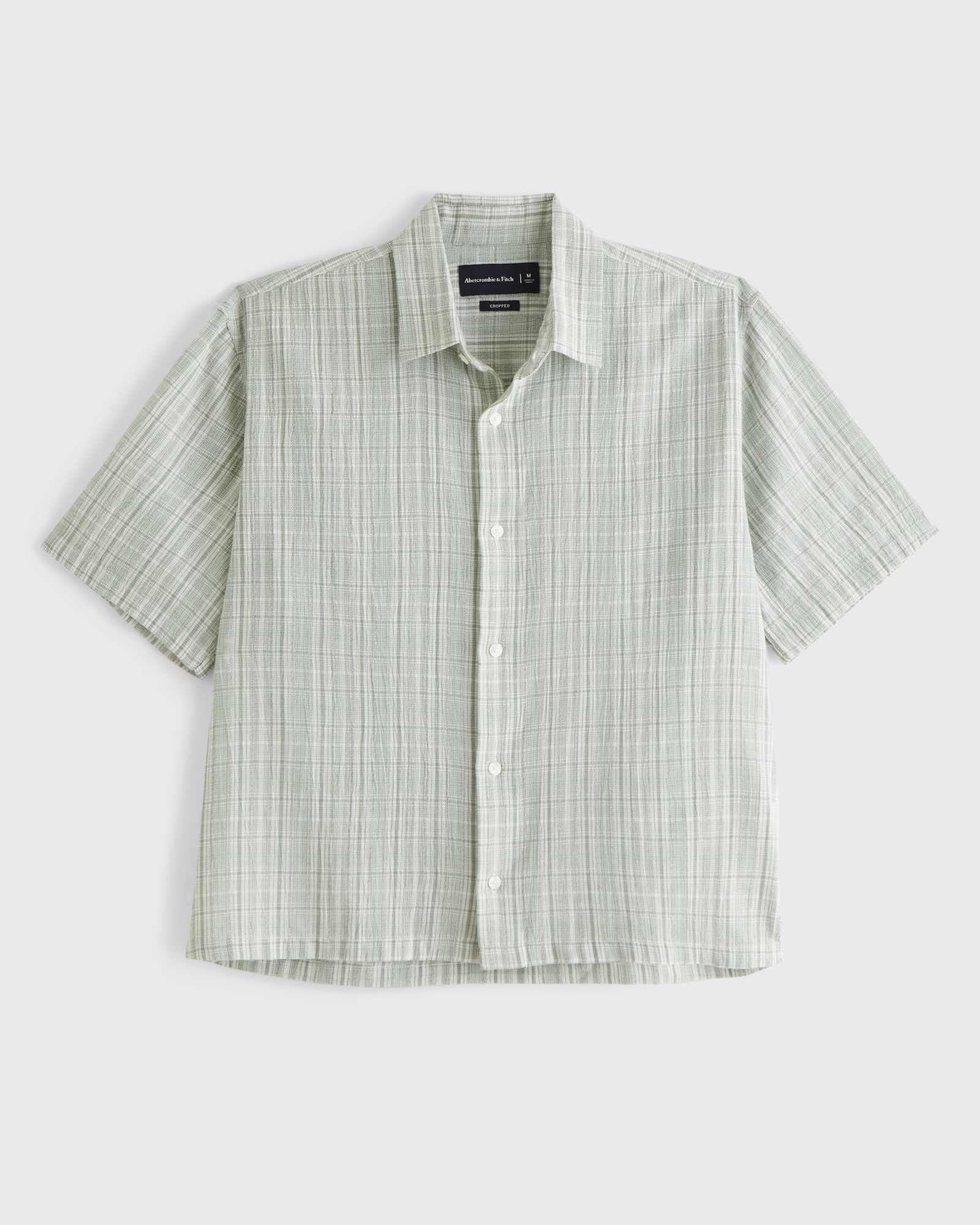 Short-Sleeve Cropped Textural Plaid Button-Up Shirt