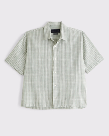 Short-Sleeve Textural Plaid Button-Up Shirt