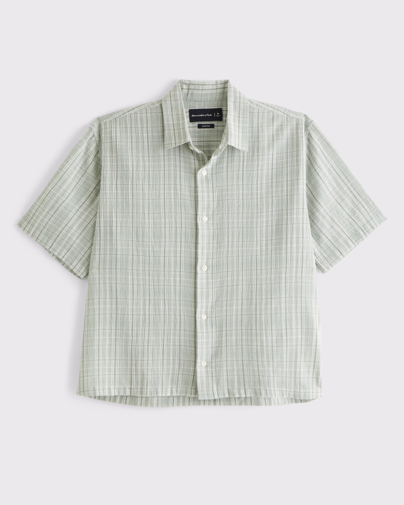 Men's Short-Sleeve Textural Plaid Button-Up Shirt | Men's Tops