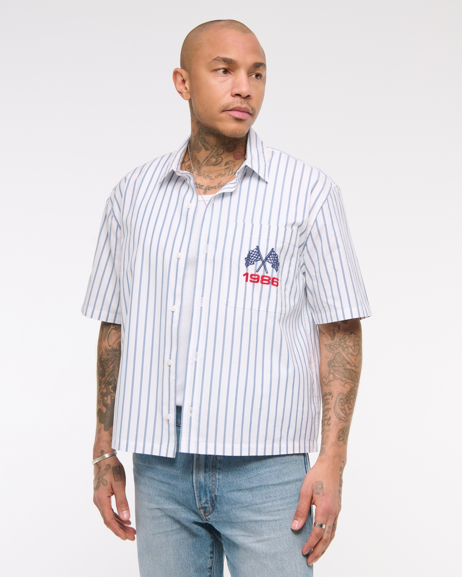 Short-Sleeve Cropped Racing Workwear Button-Up Shirt